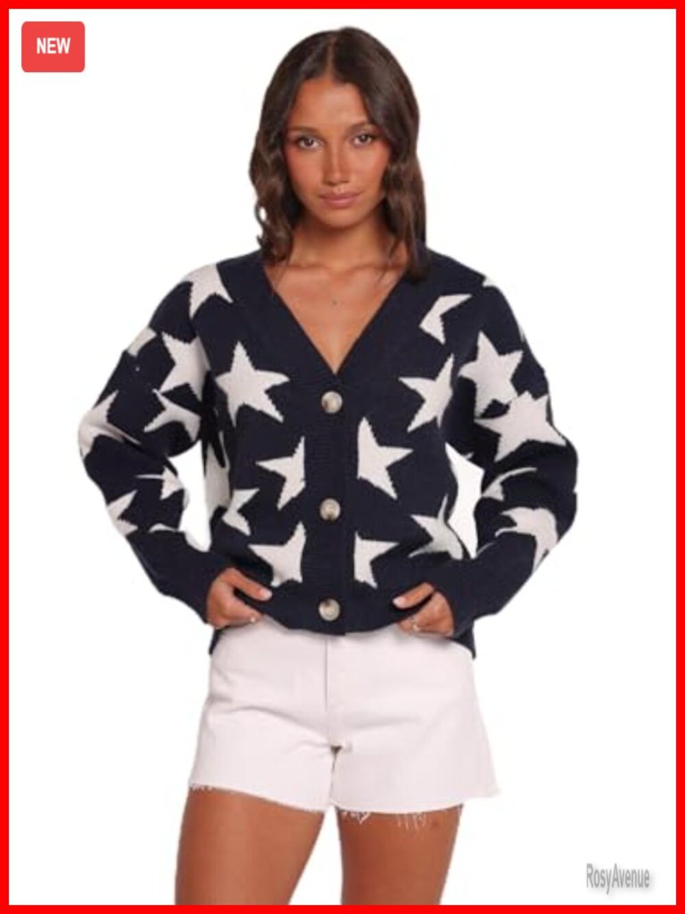 Relaxed Fit Star Knit Cardigan Long Sleeve Button V-Neck